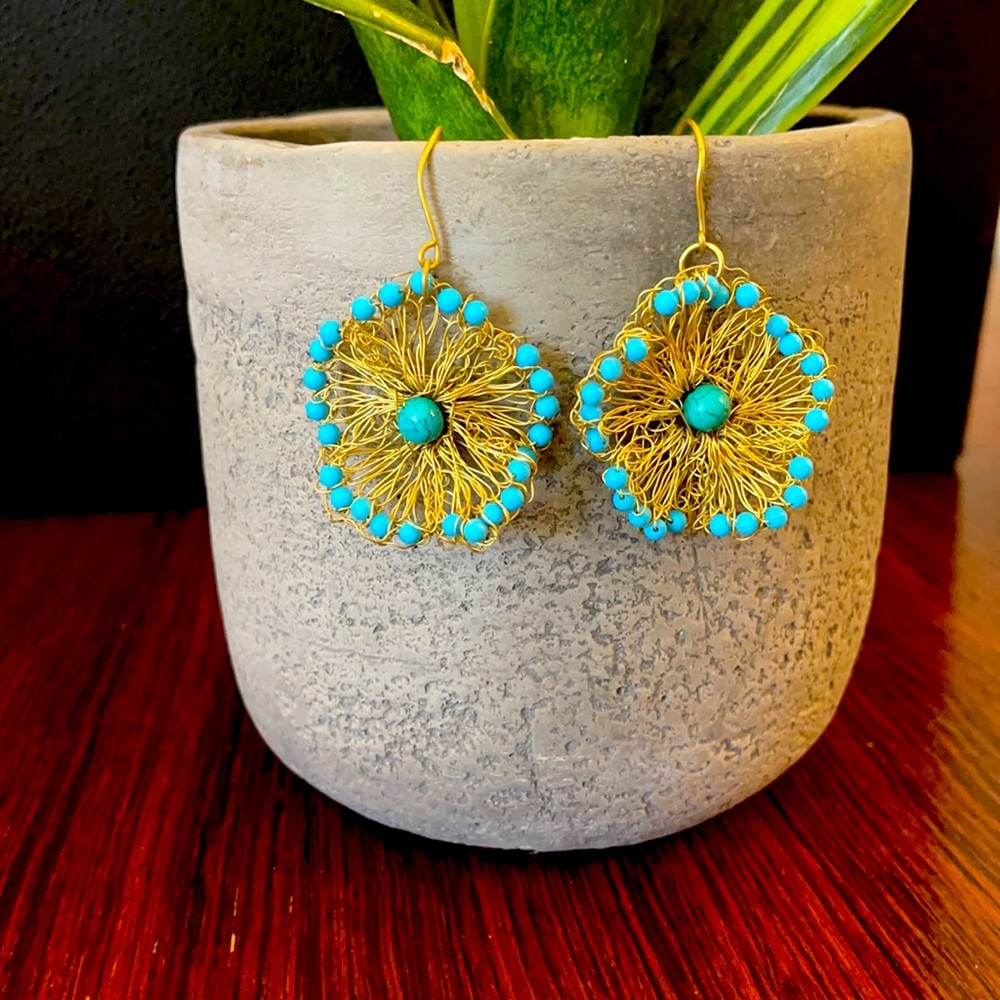 Gold Filagree Wire and Turquoise Dangle Earrings